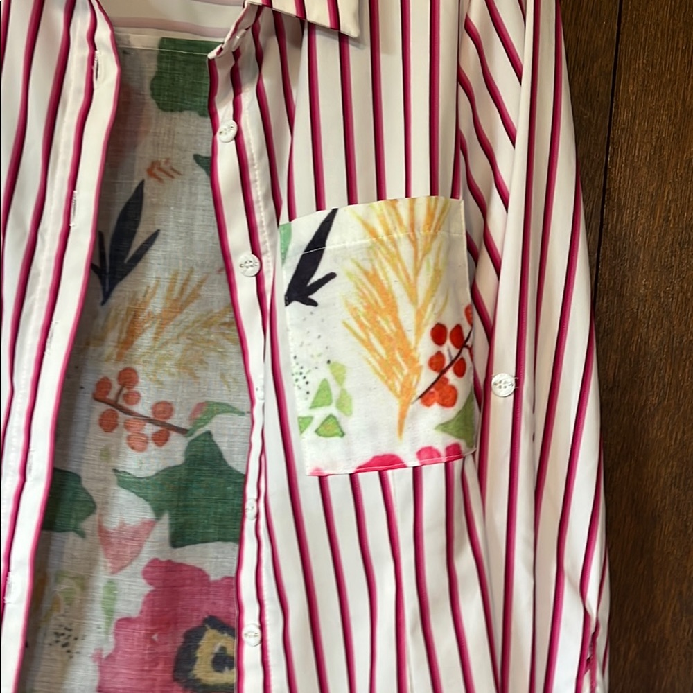 Sovia Red,pink and White Striped Button Down Shirt Floral accent 3/4 sleeves - Picture 3 of 8